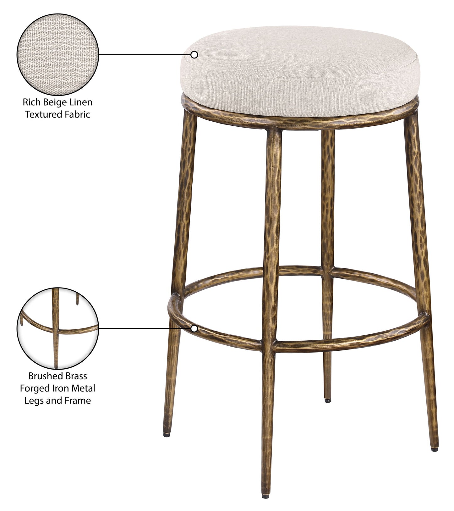 Ferro - Performance Fabric Upholstered Backless Bar Stool - Antique Brass