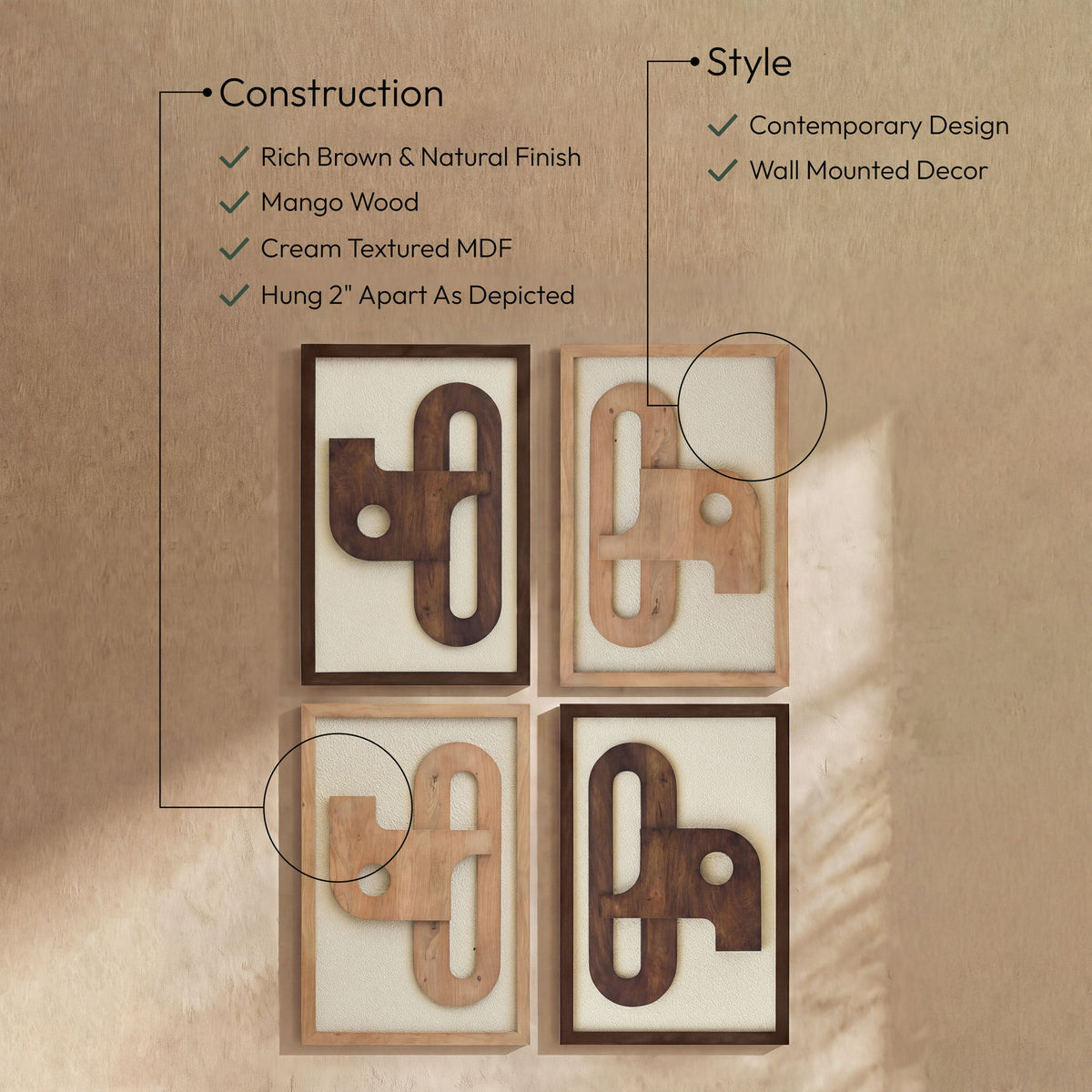 Arid - 4 Piece Two-Color Wall Art - Natural