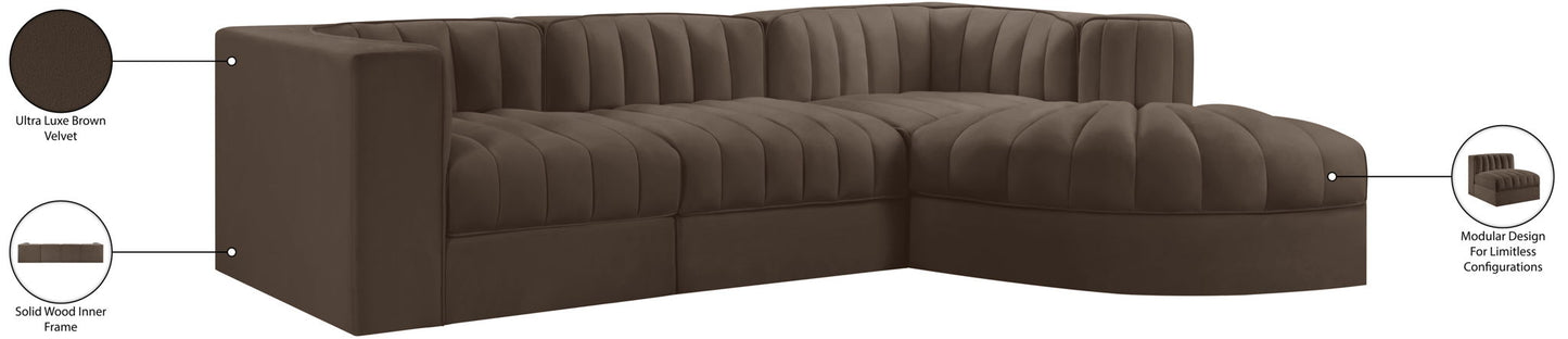 Rummi - Velvet Performance Fabric Upholstered 4 Piece Modular Sectional, With Reverse Corner Chair