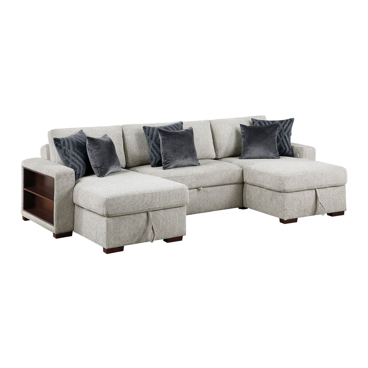 Isla 3-Piece Sectional with Two Reversible Chaises, Pull-out Bed, Hidden Storage, Click Motion Back and Two Arms with Shelves and Charging Ports