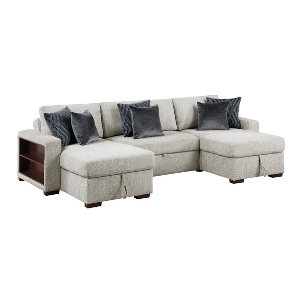 Isla 3-Piece Sectional with Two Reversible Chaises, Pull-out Bed, Hidden Storage, Click Motion Back and Two Arms with Shelves and Charging Ports