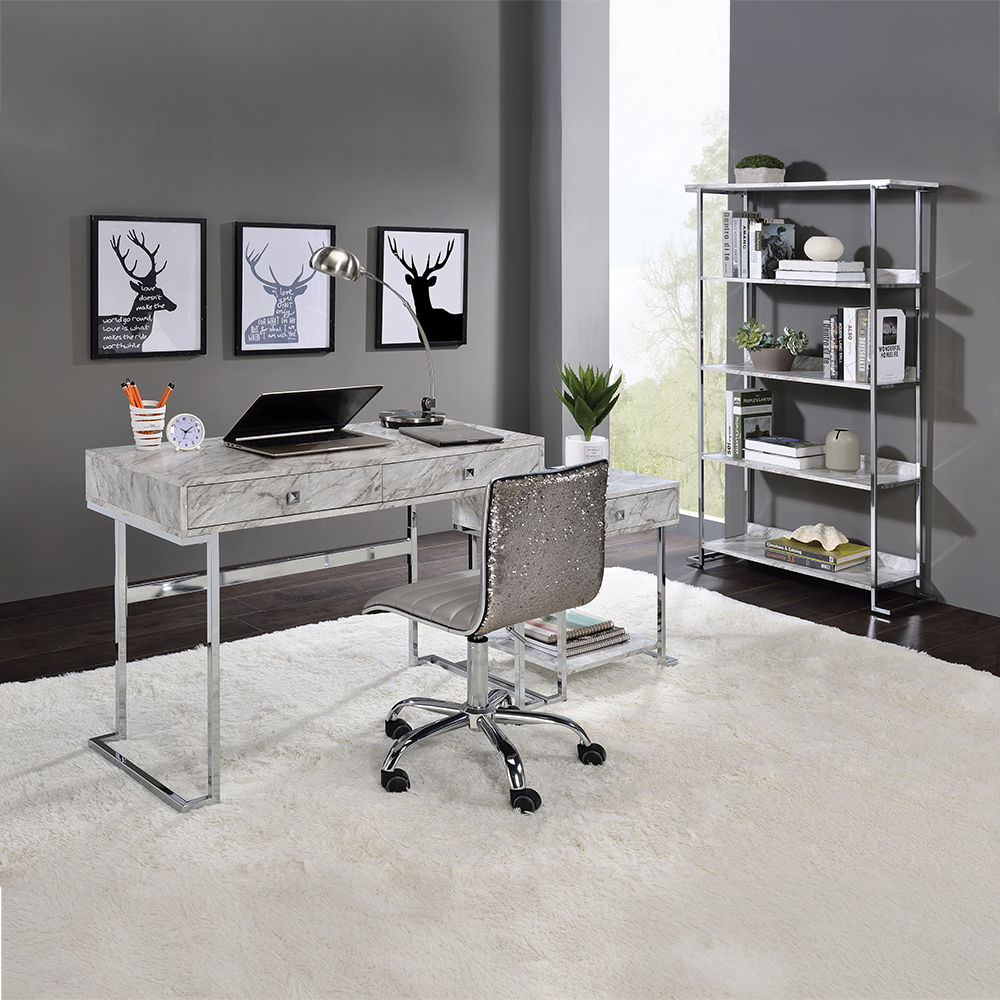 Tigress - Writing Desk - White Printed Faux Marble Top & Chrome