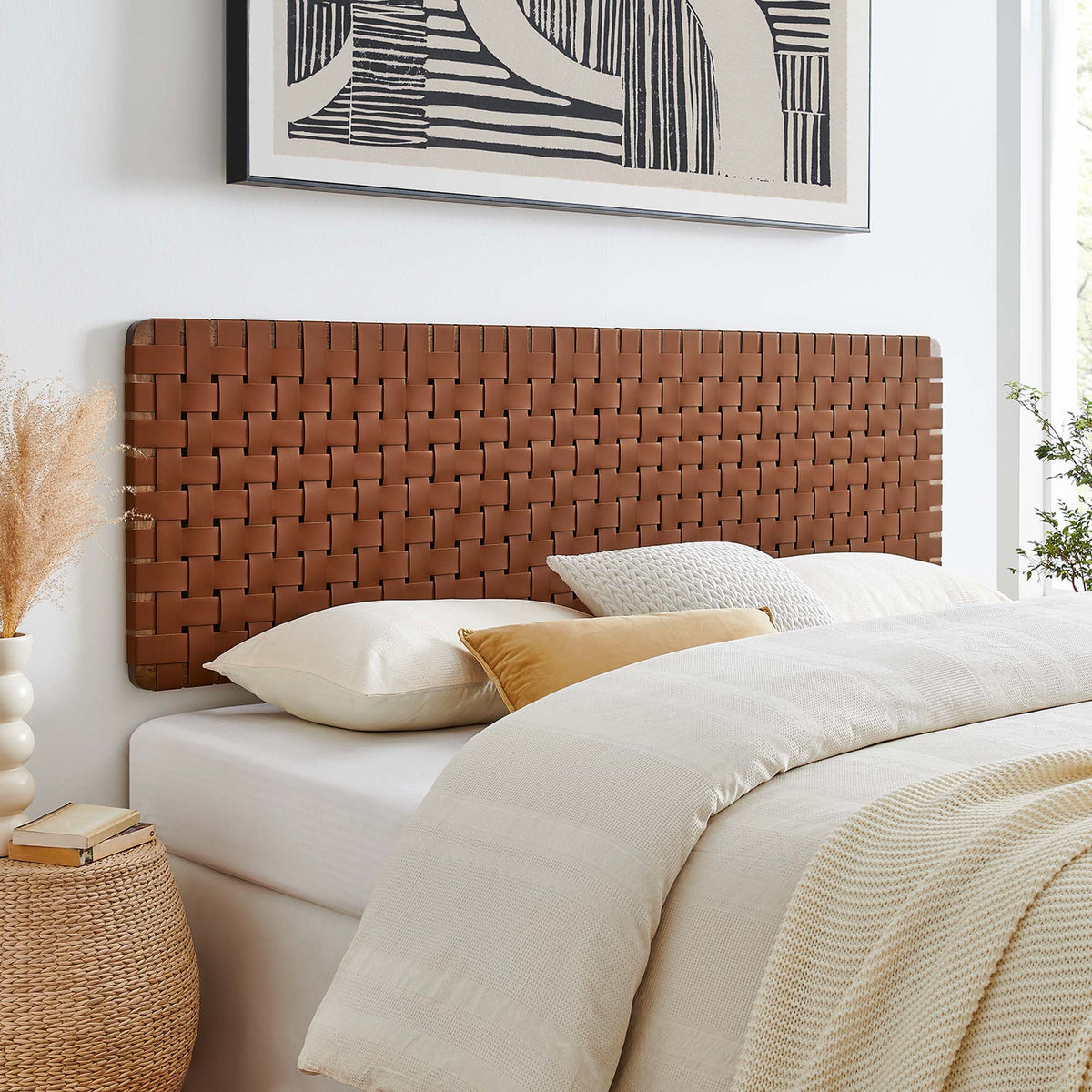 Sparta Weave Wall-Mount Vegan Leather Headboard - King, Walnut Brown