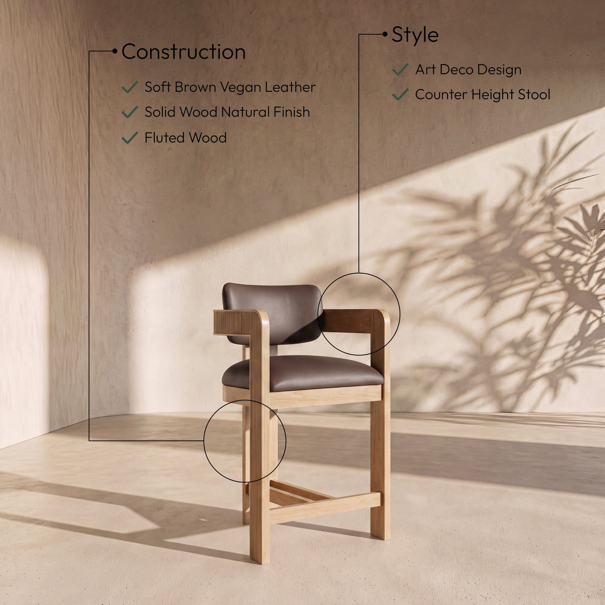 Sacha - Vegan Leather Upholstered Counter Stool With Natural Base