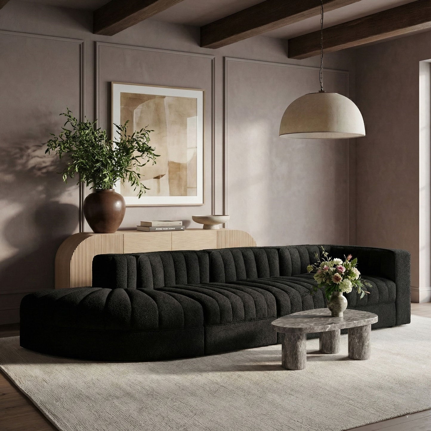 Rummi - Velvet Performance Fabric Upholstered 4 Piece Modular Sectional With Reverse Corner Chair