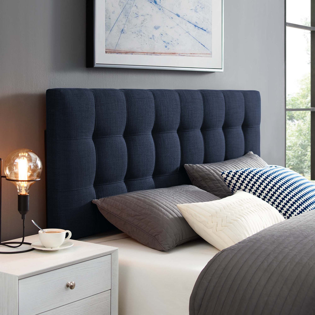 Lily Upholstered Fabric Headboard - Queen, Navy