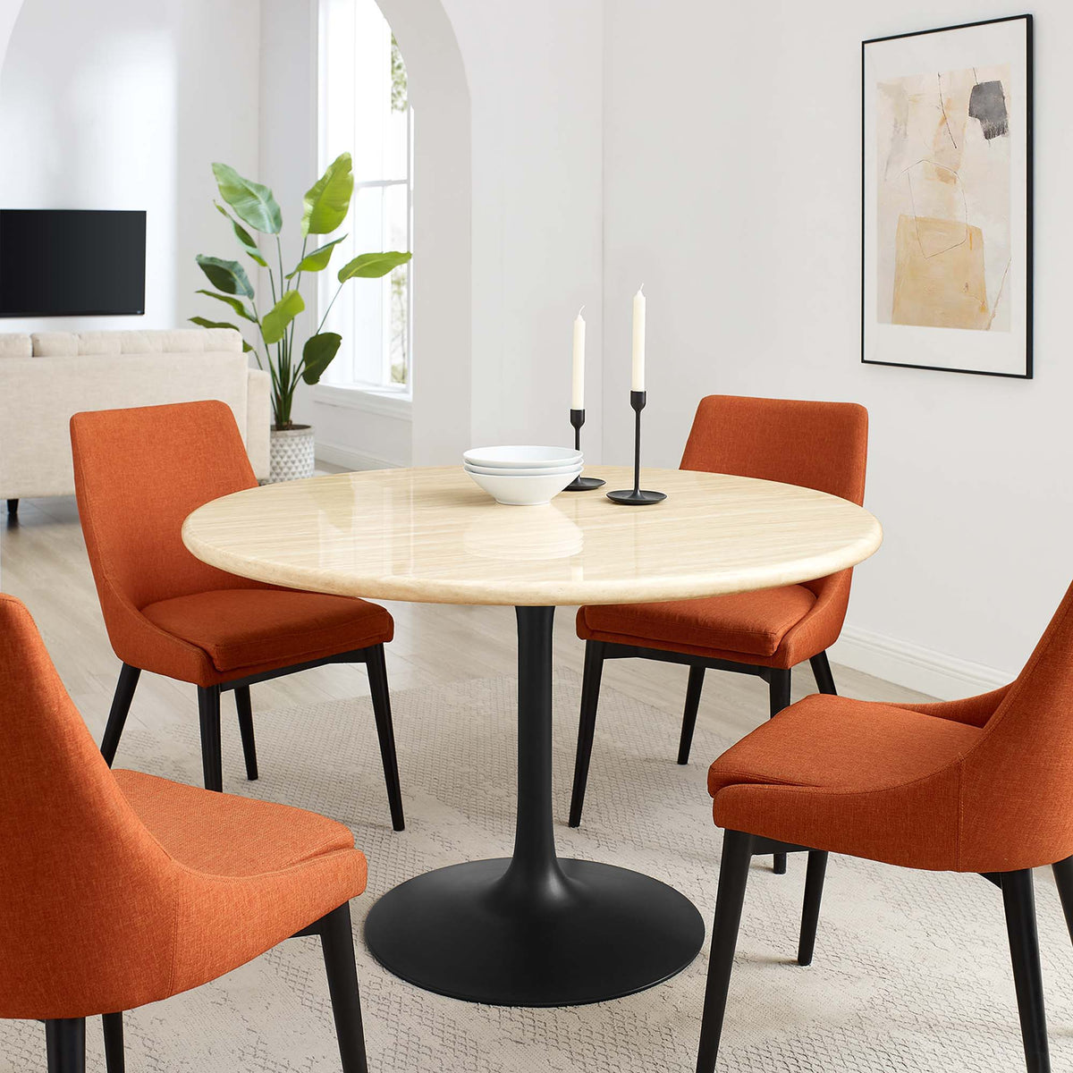 Lippa Round 48" Dining Table - Faux Travertine, Black Travertine