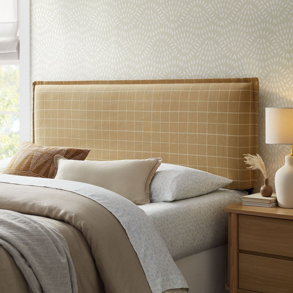 Camille Checkered Linen Blend Headboard - King, Hemp Windowpane Check