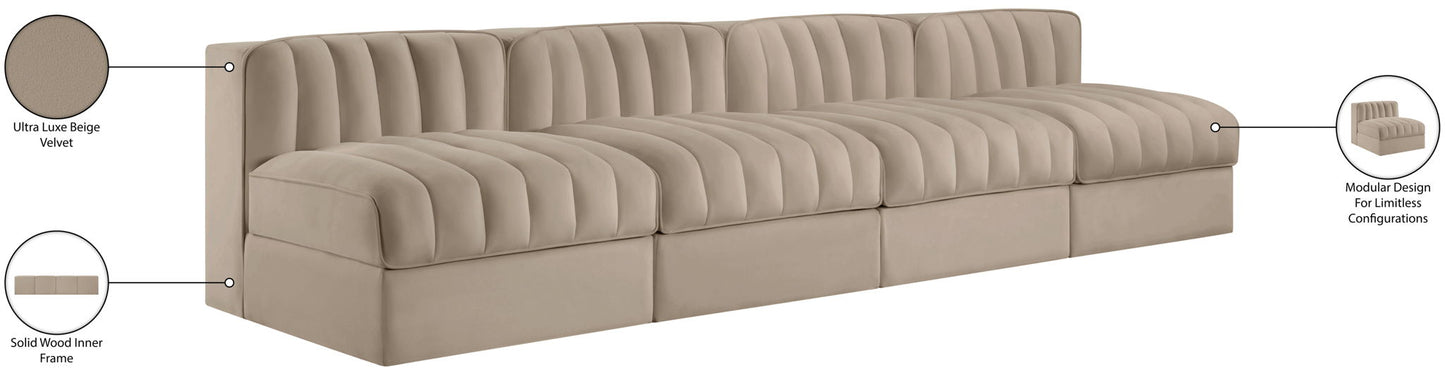 Rummi - Armless Velvet Performance Fabric Upholstered 4 Piece Modular Sofa