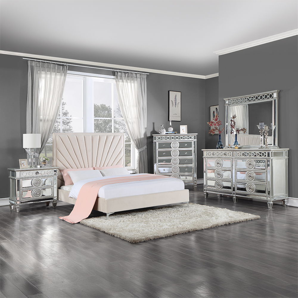 Faiz - Queen Bed - Beige Velvet