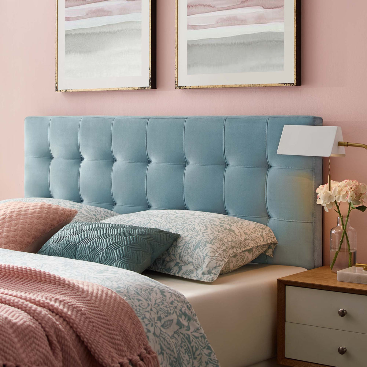 Lily Biscuit Tufted Performance Velvet Headboard - Queen, Light Blue