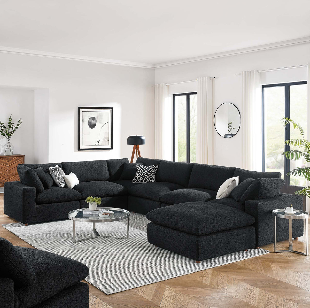 Commix Down Filled Overstuffed Boucle 7-Piece Sectional Sofa - Black