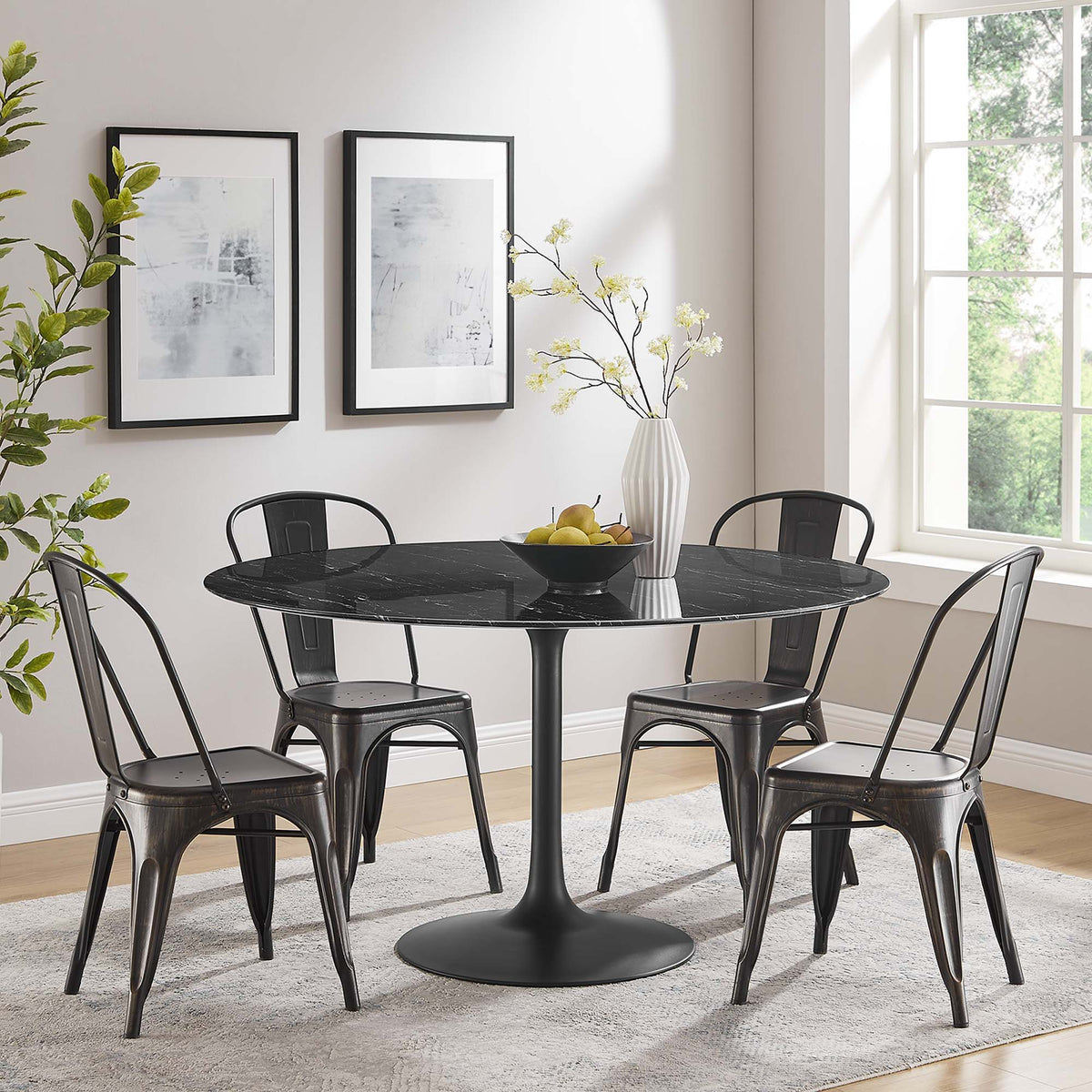 Lippa Round 54" Dining Table - Faux Marble, Black Black