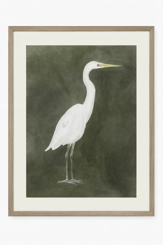 Emerald Heron III Framed Print - Green / White