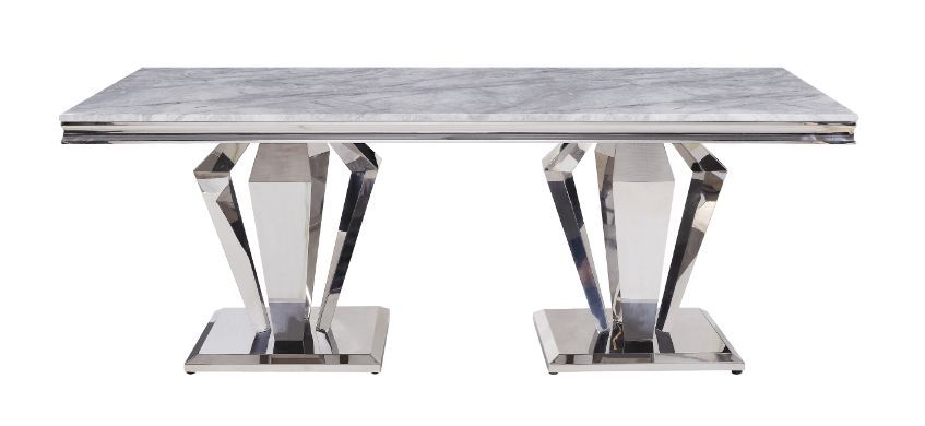 Satinka - Dining Table - Light Gray Printed Faux Marble Top & Mirrored Silver