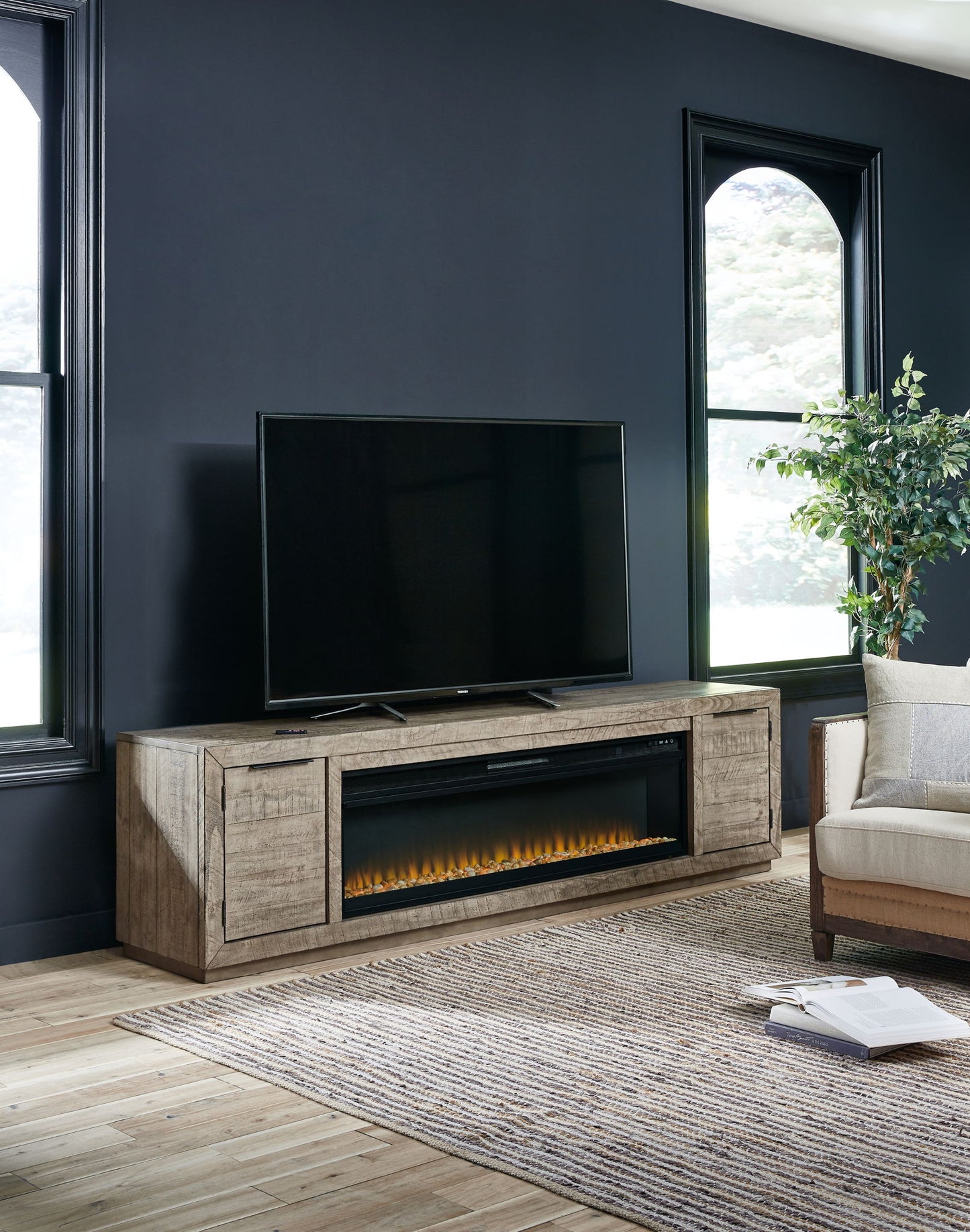 Krystanza - TV Stand with Wide Fireplace Insert - Weathered Gray