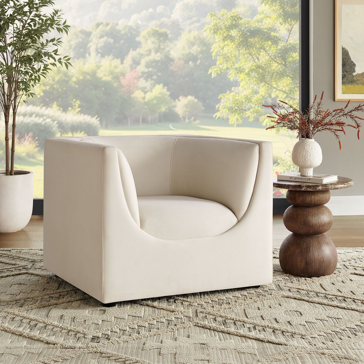 Hilda Curved Back Performance Velvet Armchair - Alabaster
