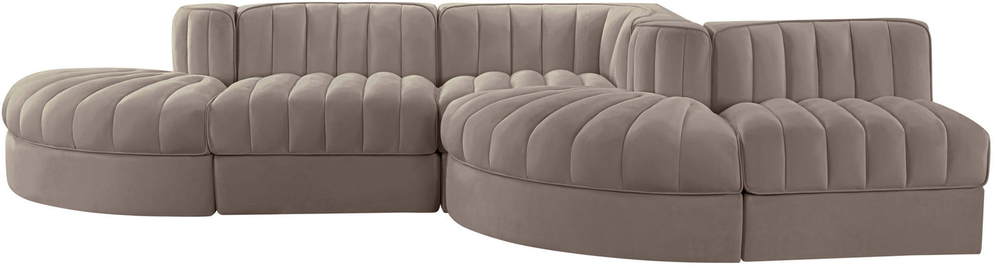 Rummi - Rounded Velvet Performance Fabric Upholstered 5 Piece Modular Sectional