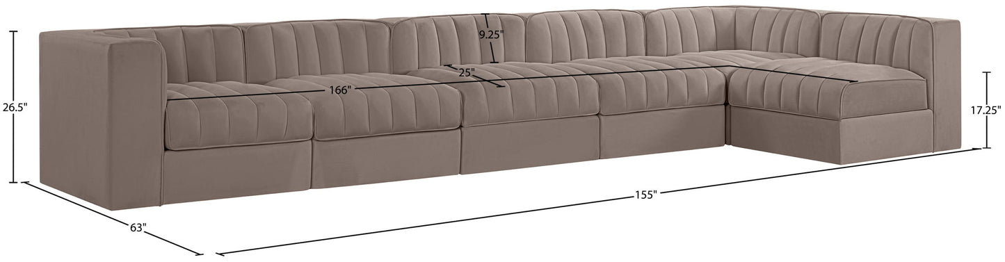 Rummi - Velvet Performance Fabric Upholstered 6 Piece Modular Sectional, L-Shaped (Right)