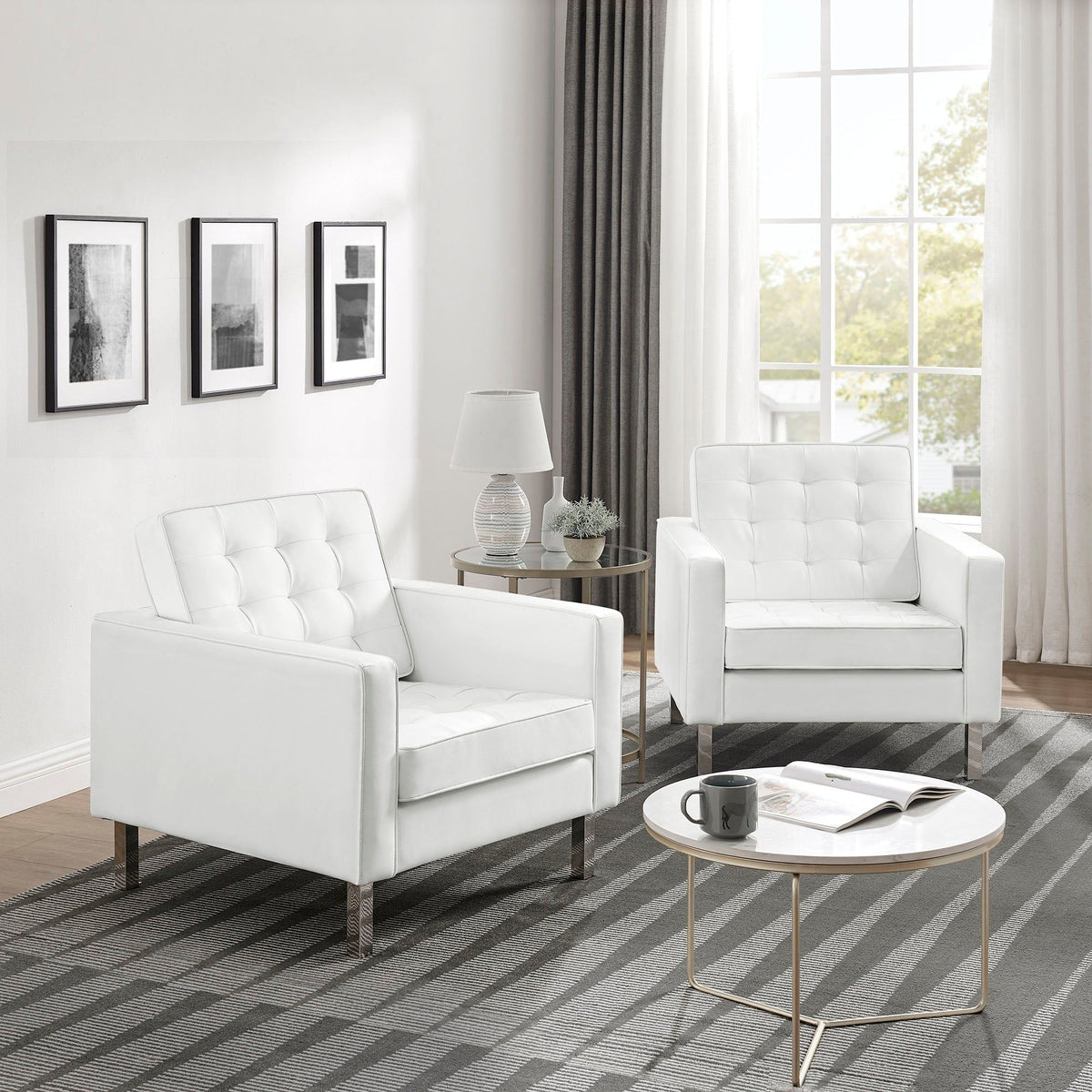 Loft Tufted Vegan Leather Armchairs - Set of 2 - Silver White