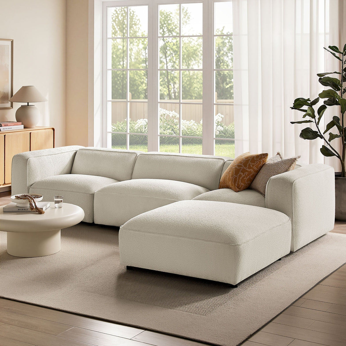 Auren 4-Piece Lattice Boucle Upholstered Modular Sofa with Ottoman - Cream