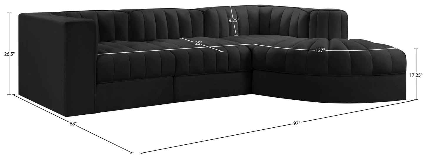 Rummi - Velvet Performance Fabric Upholstered 4 Piece Modular Sectional, With Reverse Corner Chair