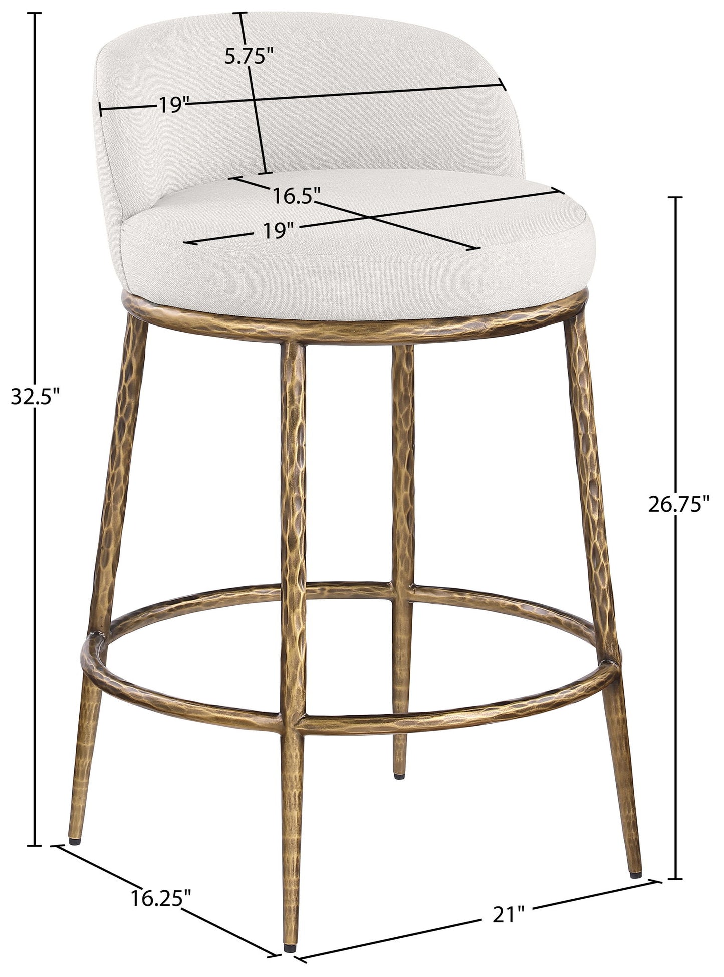 Ferro - Linen Textured Performance Fabric Upholstered Counter Stool - Cream / Brushed Gold
