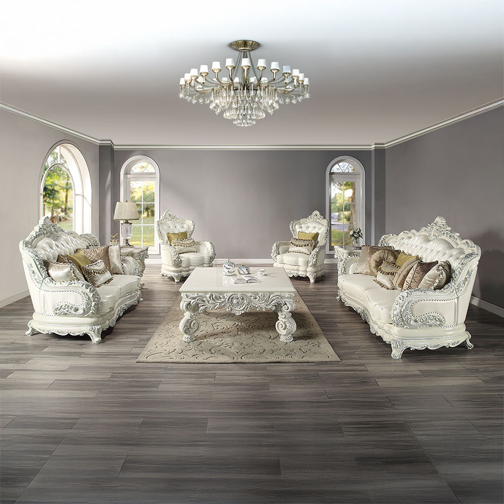 Adara - Chair With 2 Pillows - Pearl White Synthetic Leather & Antique White