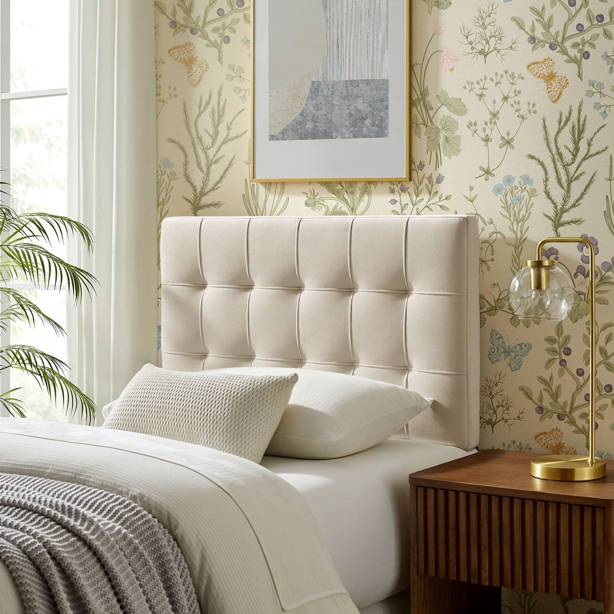 Lily Biscuit Tufted Performance Velvet Headboard - Twin, Alabaster