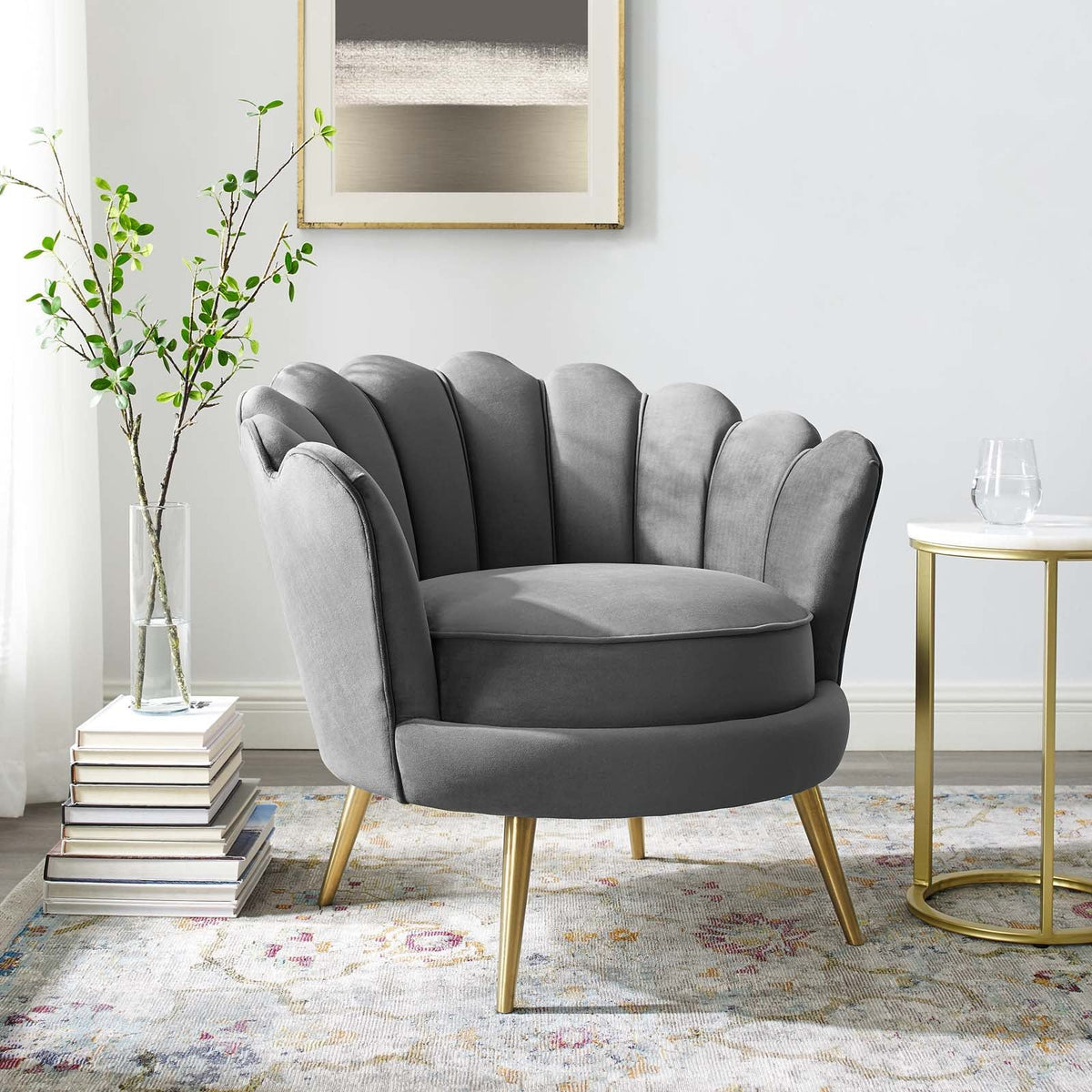 Admire Scalloped Edge Performance Velvet Accent Armchair - Gray