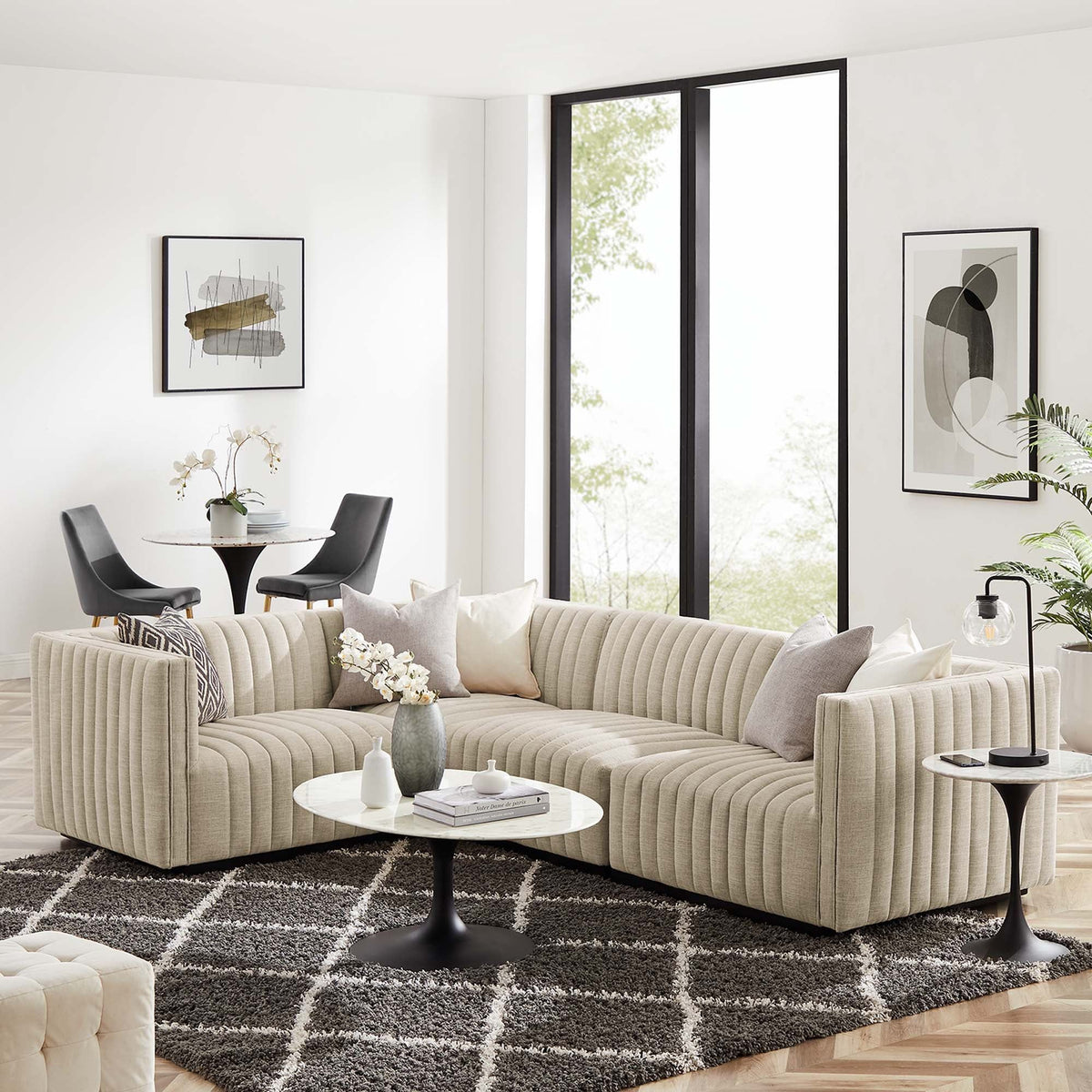 Conjure 4-Piece Channel Tufted Upholstered Fabric L-Shaped Sectional - Black Beige