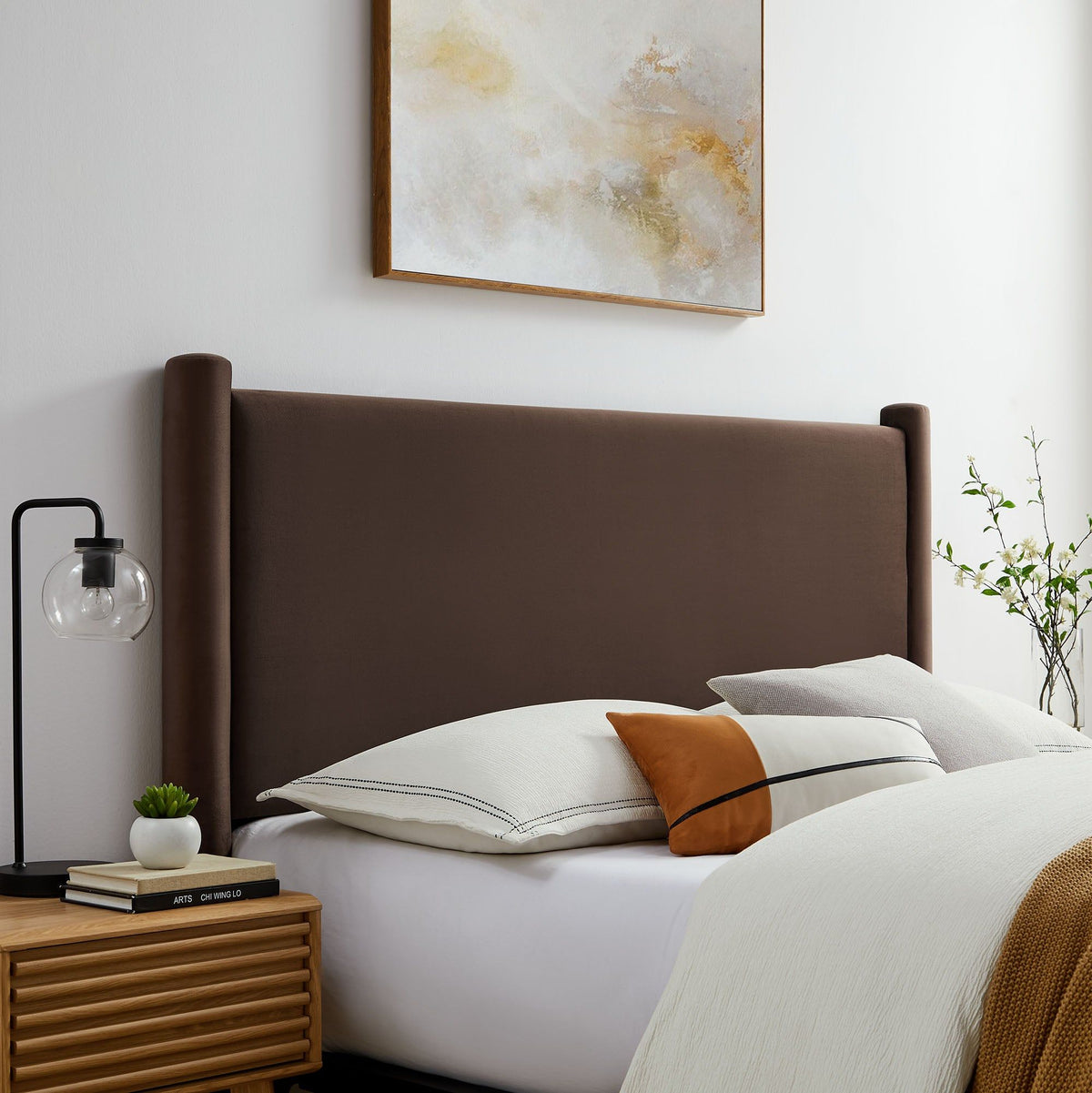 Rael Performance Velvet Headboard - Queen, Chocolate Brown