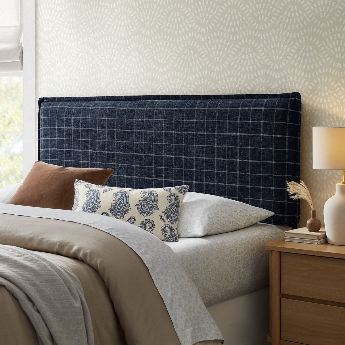 Camille Checkered Linen Blend Headboard - Full, Denim Windowpane Check