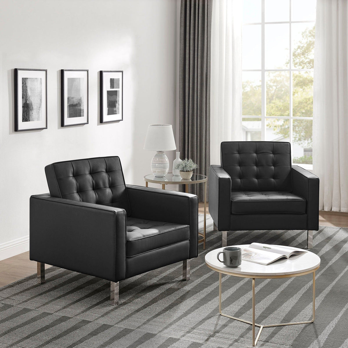 Loft Tufted Vegan Leather Armchairs - Set of 2 - Silver Black