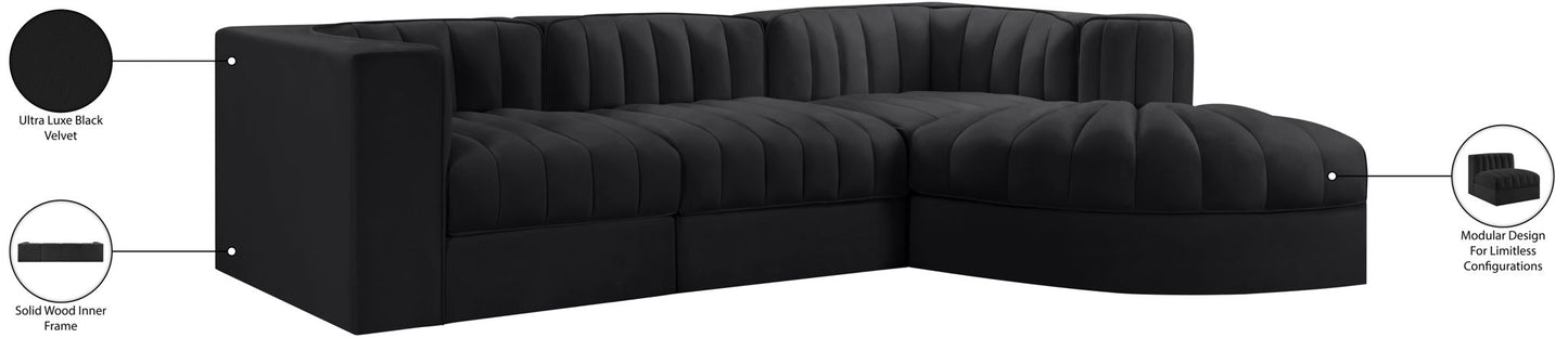 Rummi - Velvet Performance Fabric Upholstered 4 Piece Modular Sectional, With Reverse Corner Chair