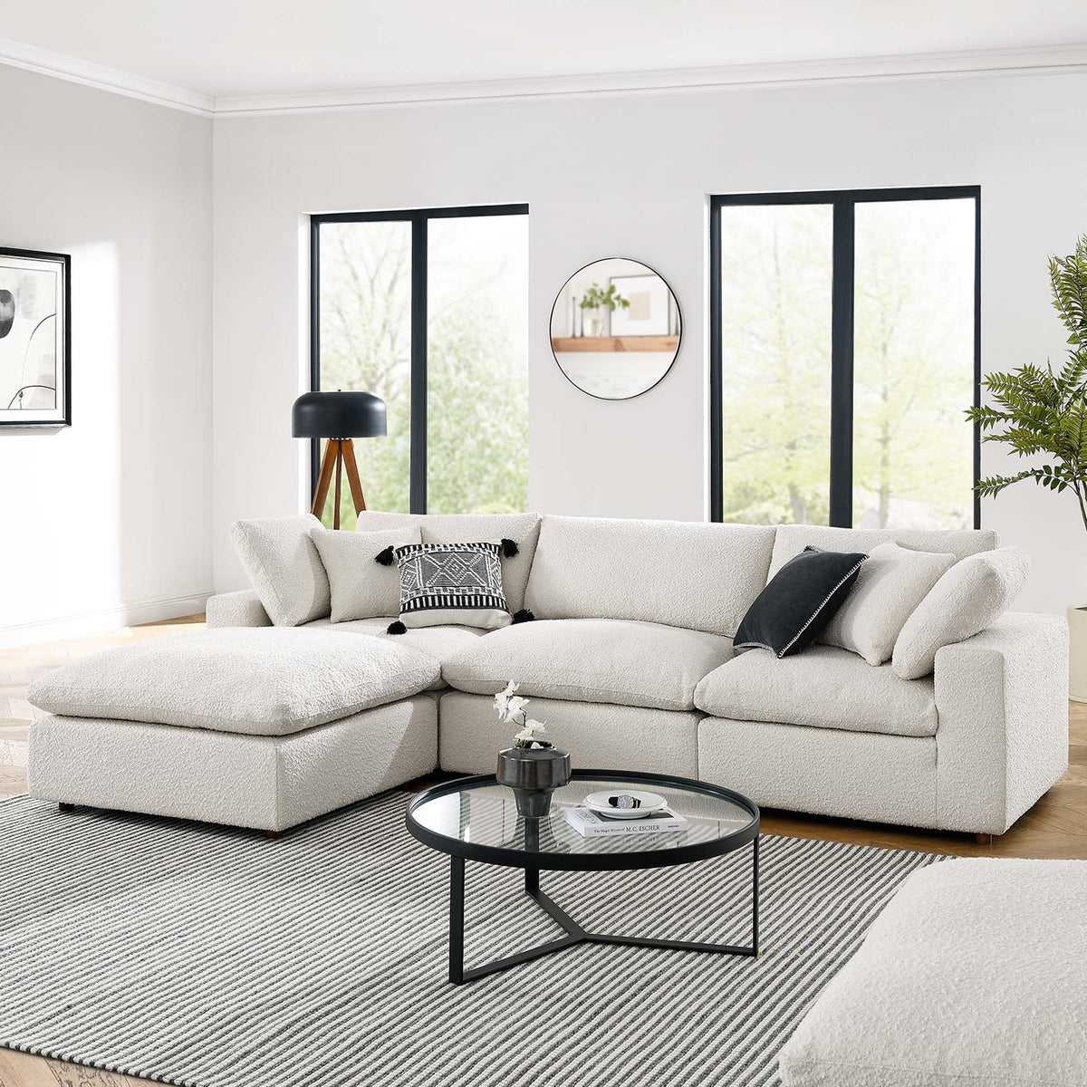 Commix Down Filled Overstuffed Boucle Fabric 4-Piece Sectional Sofa - Ivory