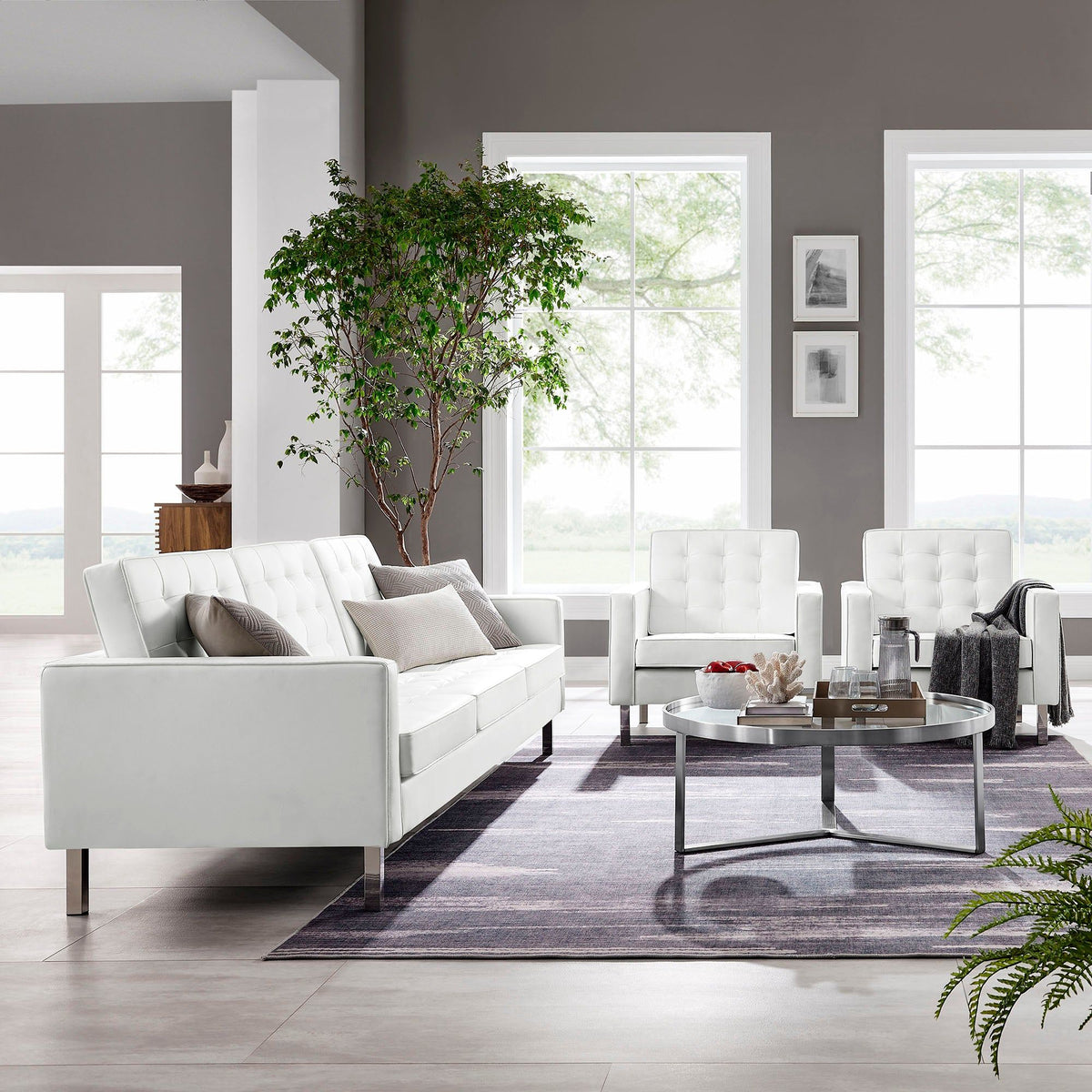 Loft Tufted Vegan Leather 3-Piece Furniture Set - Silver White