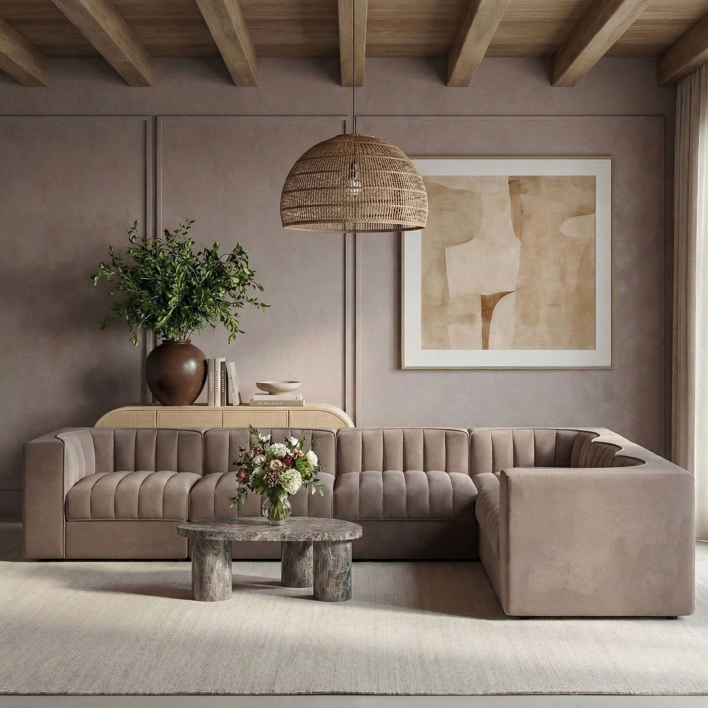 Rummi - Velvet Performance Fabric Upholstered 6 Piece Modular Sectional (With 3 Corner Chairs)