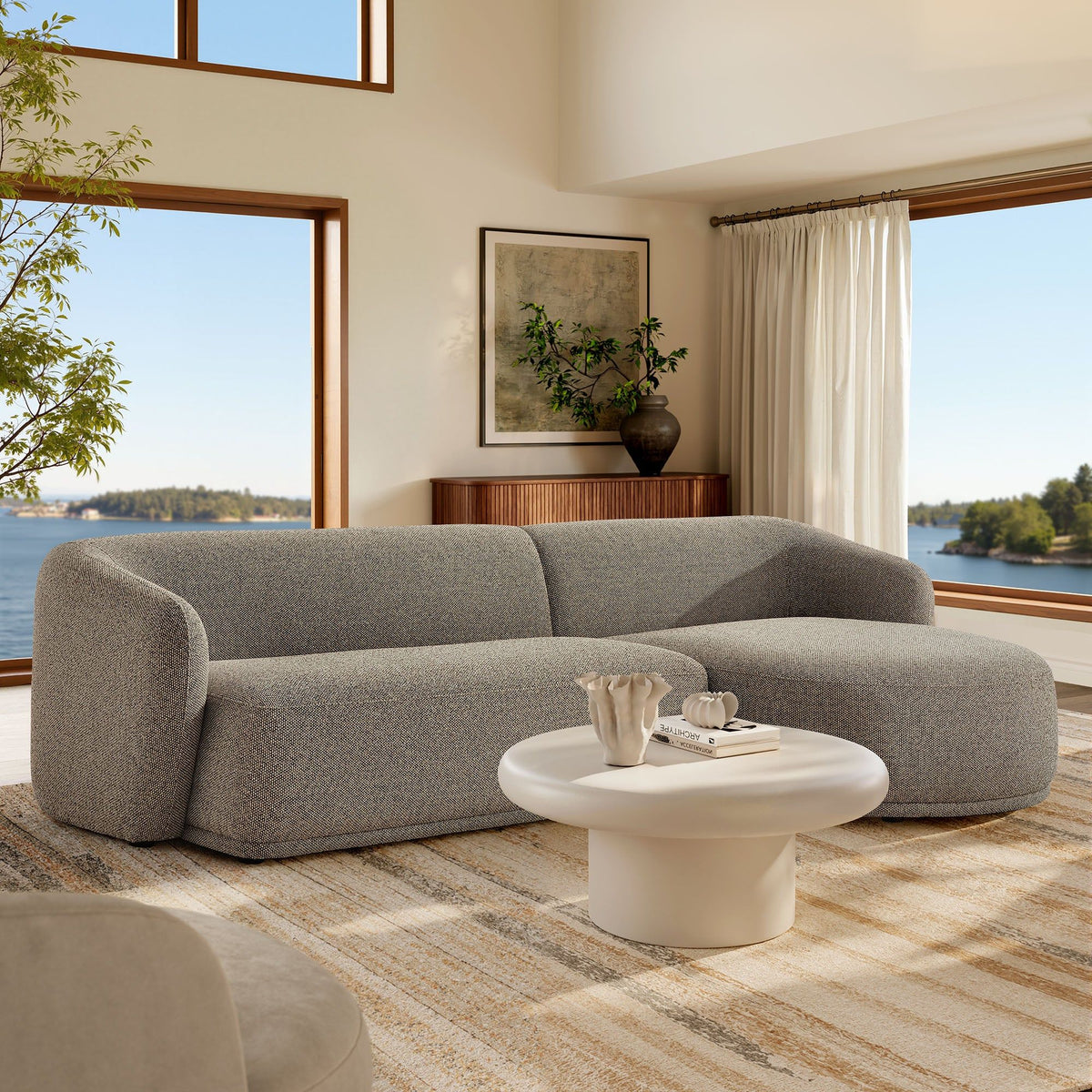 Monica 2 Piece Right Facing Boucle Fabric Modular Sofa with Chaise - Earth