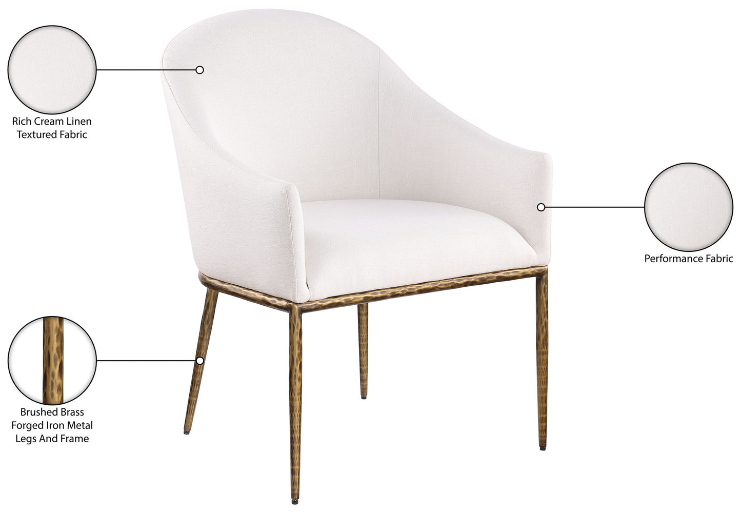 Ferro - Linen Textured Performance Fabric Upholstered Dining Arm Chair - Cream / Brushed Gold