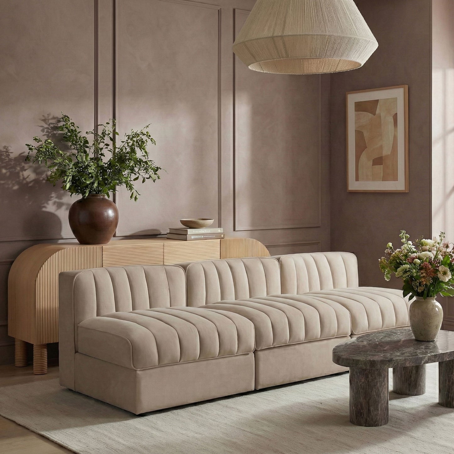 Rummi - Velvet Performance Fabric Upholstered 3 Piece Modular Armless Sofa