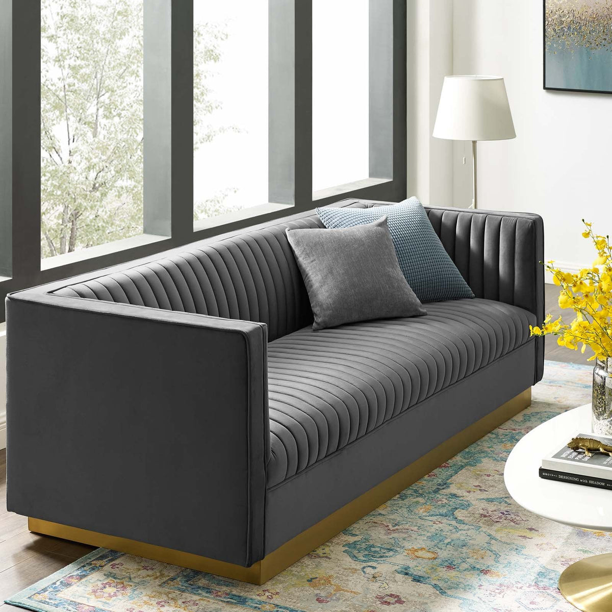 Sanguine Vertical Channel Tufted Performance Velvet Sofa - Gray