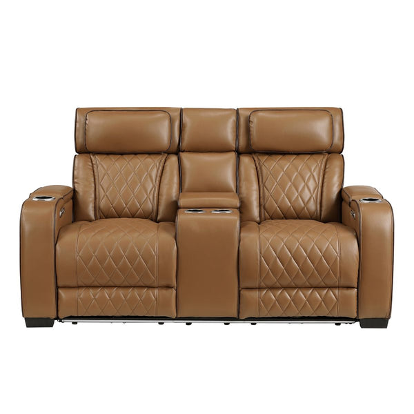 Fairway Power Double Reclining Love Seat with Center Console, Power Headrests, Storage Arms(Top and Side), Cup holders, Charging Ports and LED lighting