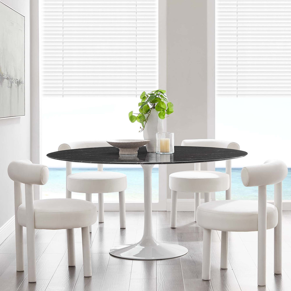 Lippa Round 60" Dining Table - Faux Marble, White Black