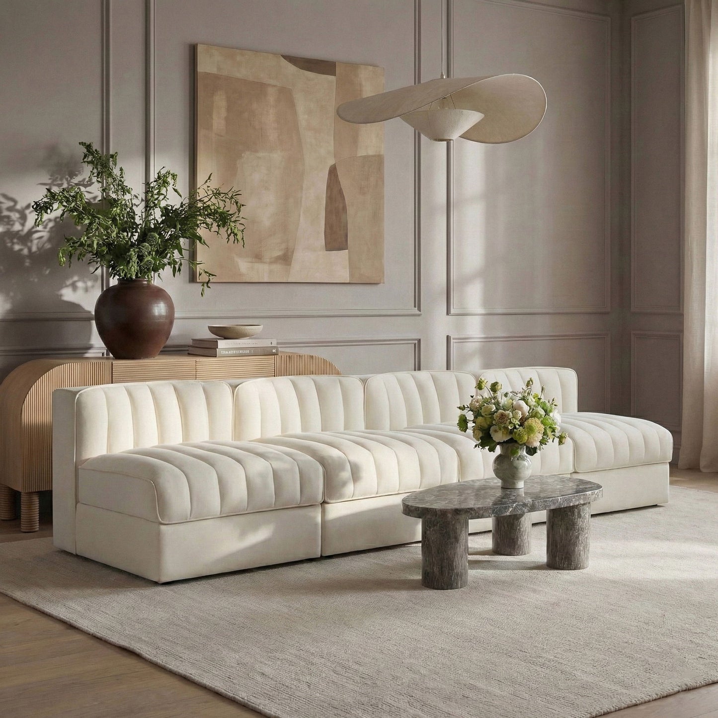 Rummi - Armless Velvet Performance Fabric Upholstered 4 Piece Modular Sofa