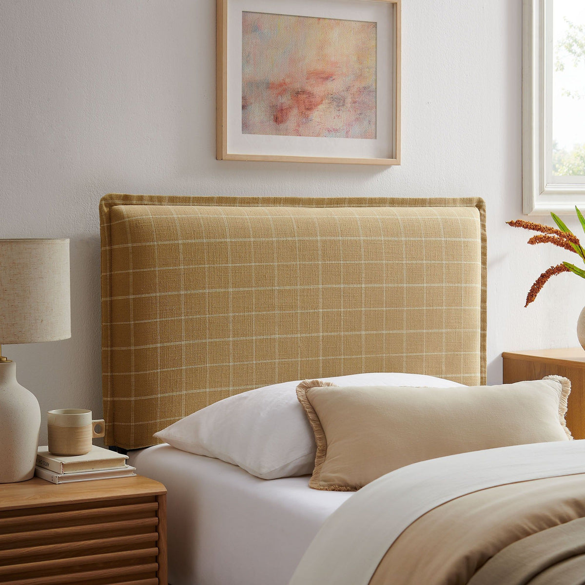 Camille Checkered Linen Blend Headboard - Twin, Hemp Windowpane Check