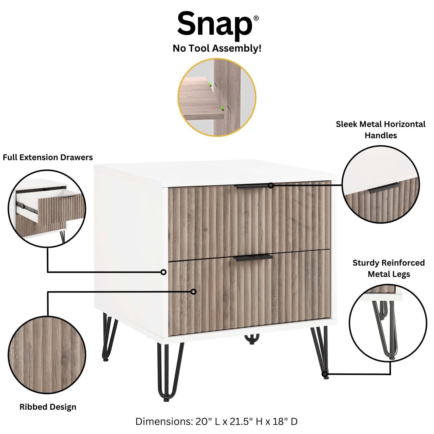 Manhattan Dumbo - Fluted 2-Drawer Nightstand With White Frame