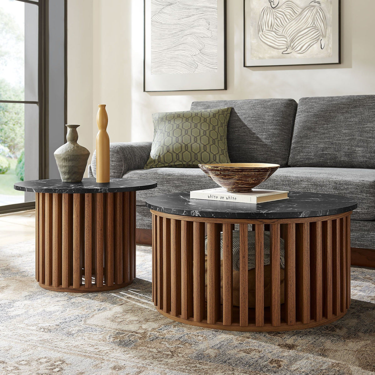 Fortitude Round Faux Marble Top Nesting Coffee Table Set - Walnut Black