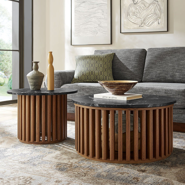 Fortitude Round Faux Marble Top Nesting Coffee Table Set - Walnut Black