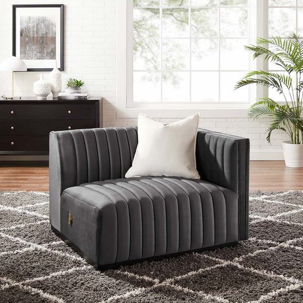Conjure Channel Tufted Performance Velvet Right-Arm Chair - Black Gray